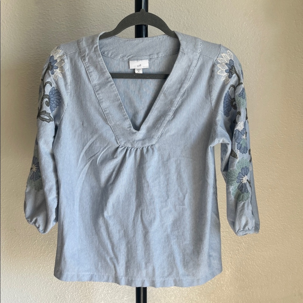 J. Jill Sky Blue Blouse with Embroidered Sleeves
